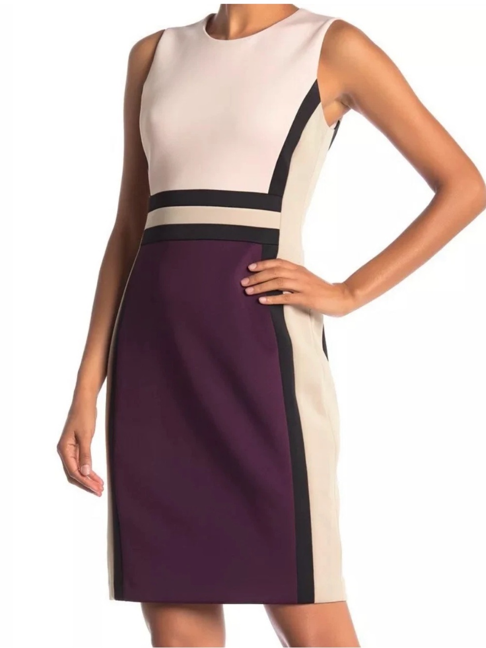 Calvin Klein Sleeveless Colorblock Sheath Dress in Blush, Cream & Plum Size 8